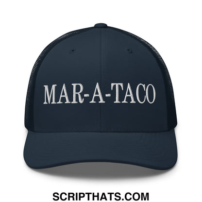 Dark navy mesh trucker hat with white embroidered mar-a-taco text across the front panel