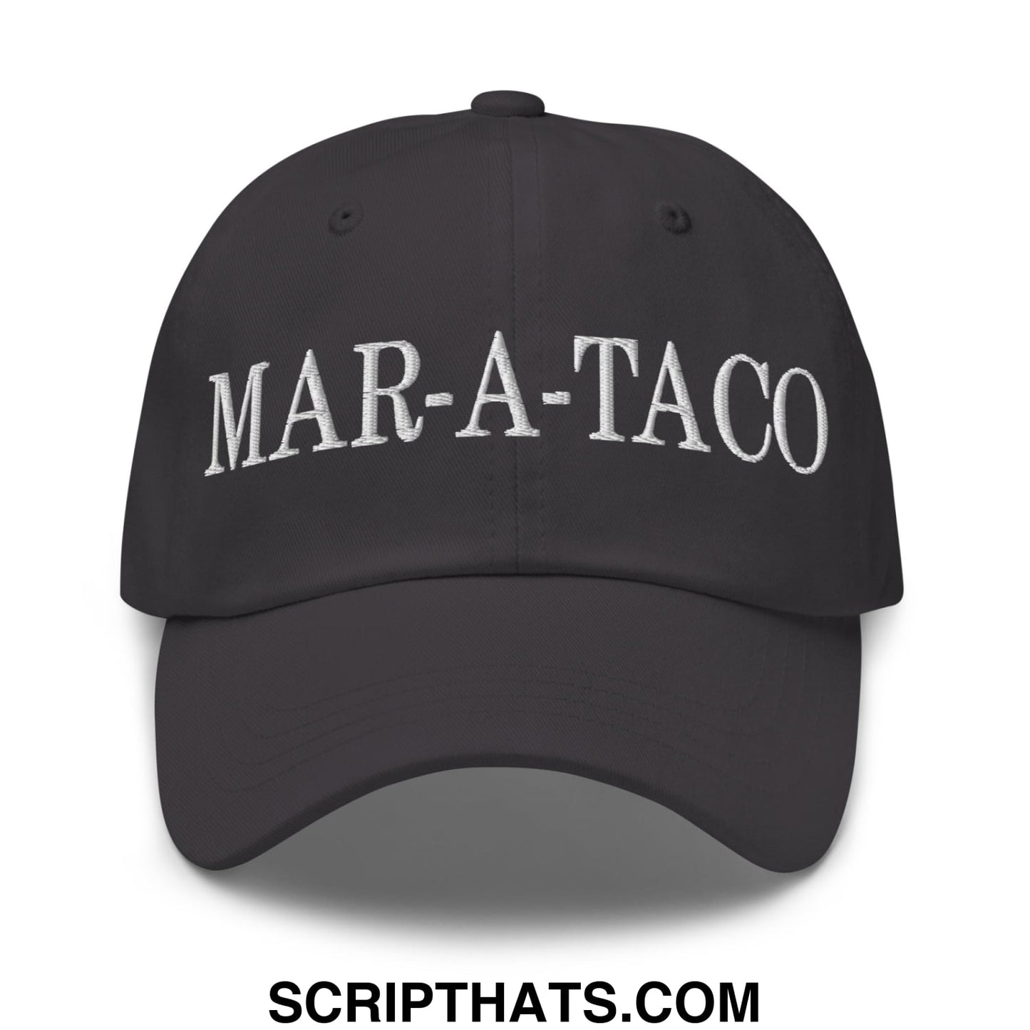 Black unstructured dad hat with white embroidered mar-a-taco text on front for casual wear