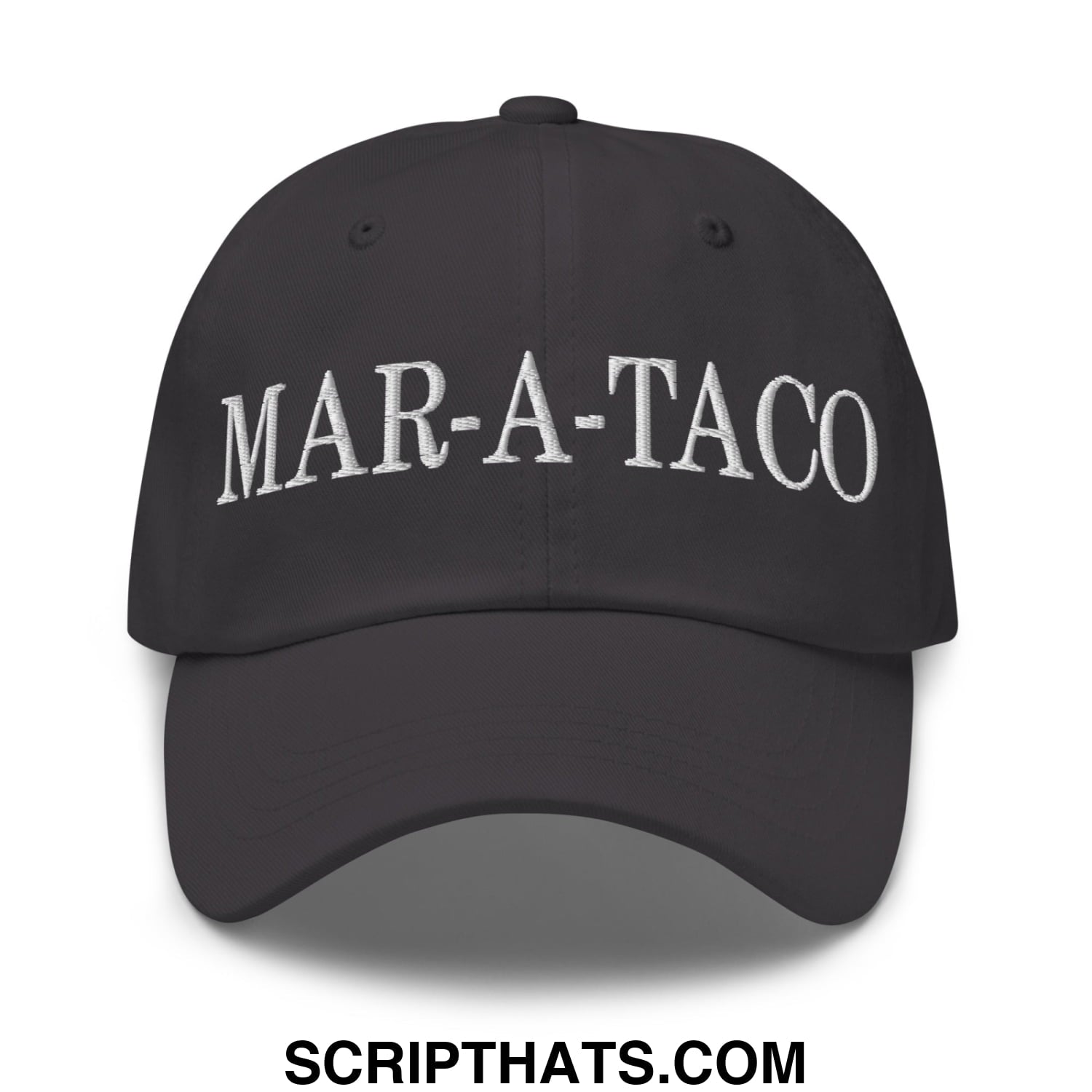 Black unstructured dad hat with white embroidered mar-a-taco text on front for casual wear