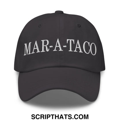 Black unstructured dad hat with white embroidered mar-a-taco text on front for casual wear