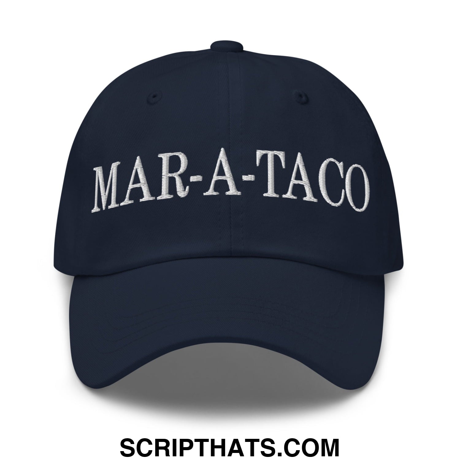 Navy blue unstructured dad hat with white embroidered mar-a-taco text across the front