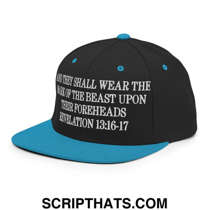 Mark of the Beast Revelation 13:16–17 Embroidered Flat Brim Bill Snapback Hat Black Teal