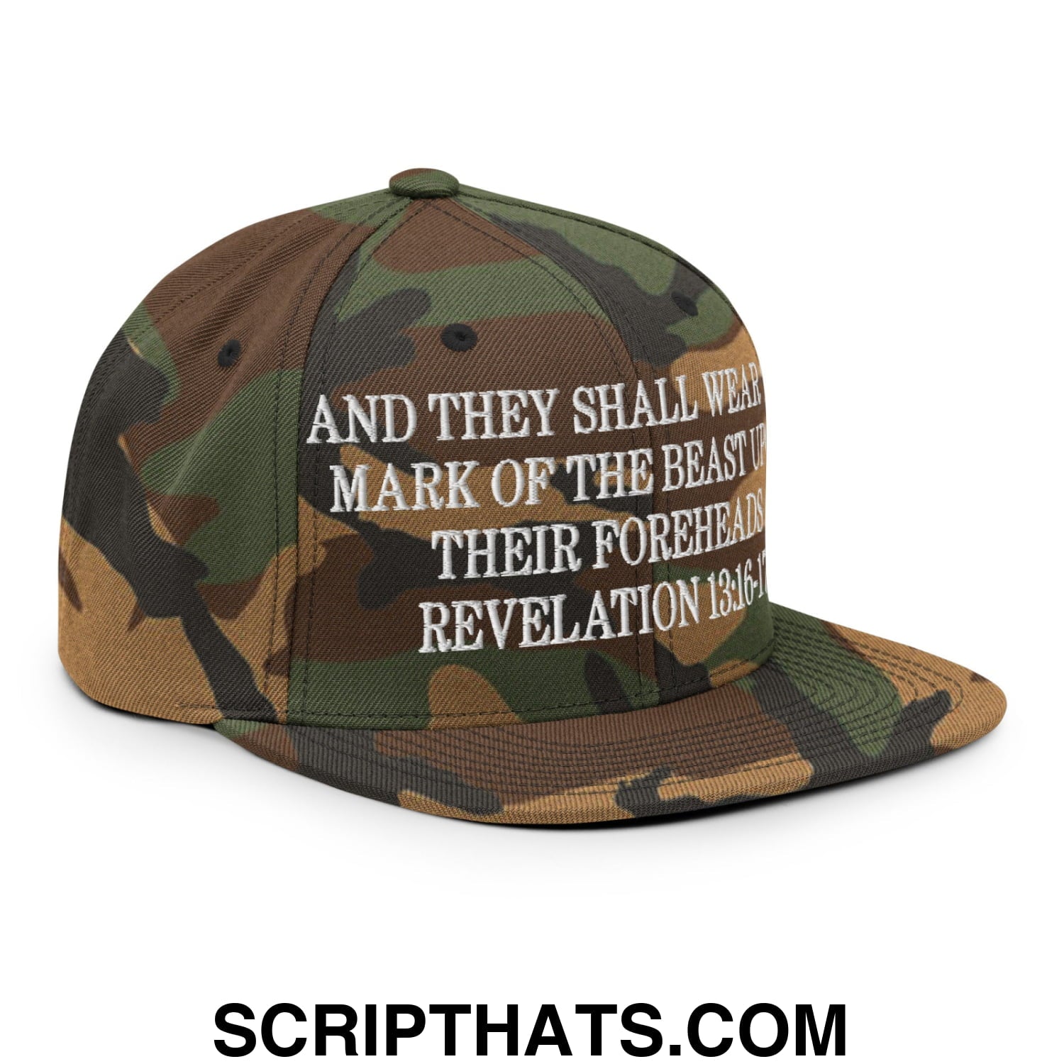 Mark of the Beast Revelation 13:16–17 Embroidered Flat Brim Bill Snapback Hat Green Camo