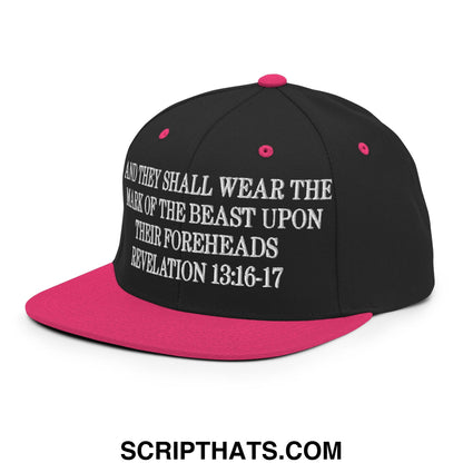 Mark of the Beast Revelation 13:16–17 Embroidered Flat Brim Bill Snapback Hat Black Neon Pink
