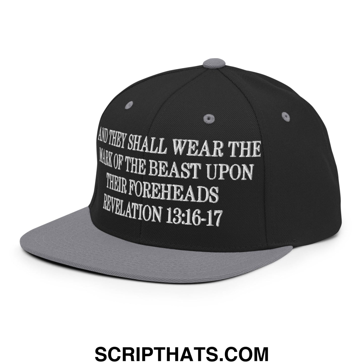 Mark of the Beast Revelation 13:16–17 Embroidered Flat Brim Bill Snapback Hat Black Silver