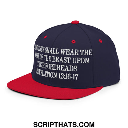 Mark of the Beast Revelation 13:16–17 Embroidered Flat Brim Bill Snapback Hat Navy Red