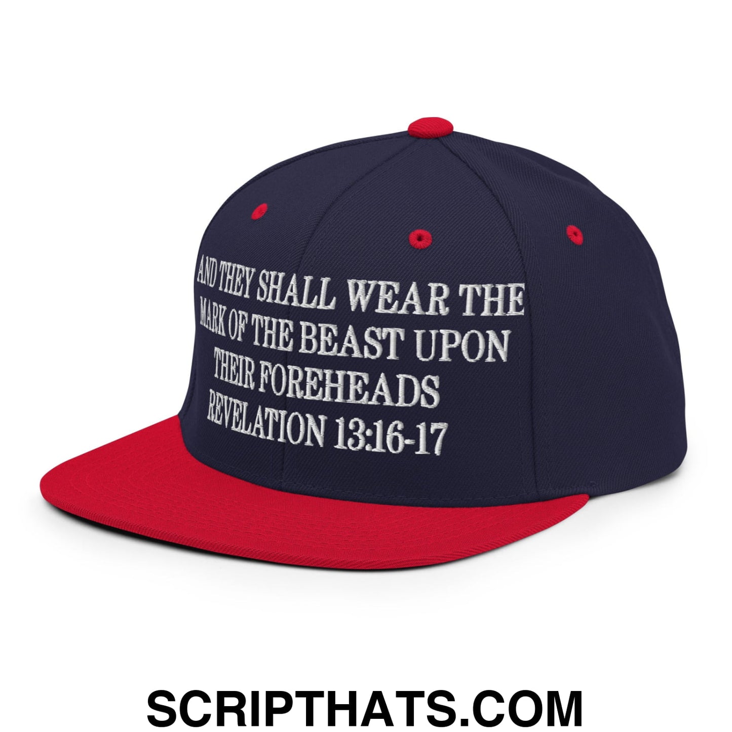 Mark of the Beast Revelation 13:16–17 Embroidered Flat Brim Bill Snapback Hat Navy Red