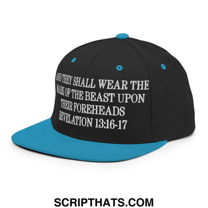 Mark of the Beast Revelation 13:16–17 Embroidered Flat Brim Bill Snapback Hat Black Teal
