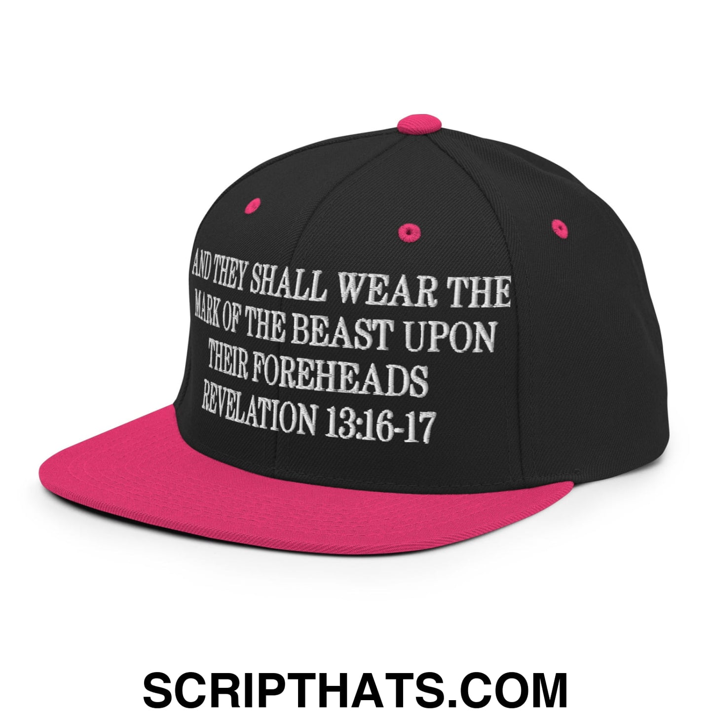 Mark of the Beast Revelation 13:16–17 Embroidered Flat Brim Bill Snapback Hat Black Neon Pink
