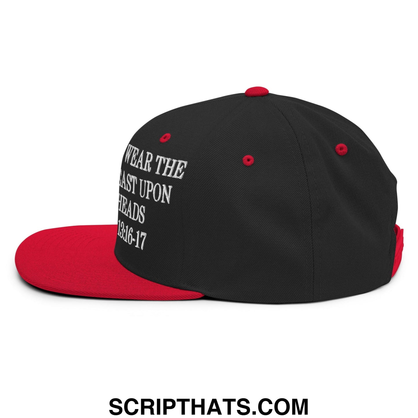 Mark of the Beast Revelation 13:16–17 Embroidered Flat Brim Bill Snapback Hat Black Red