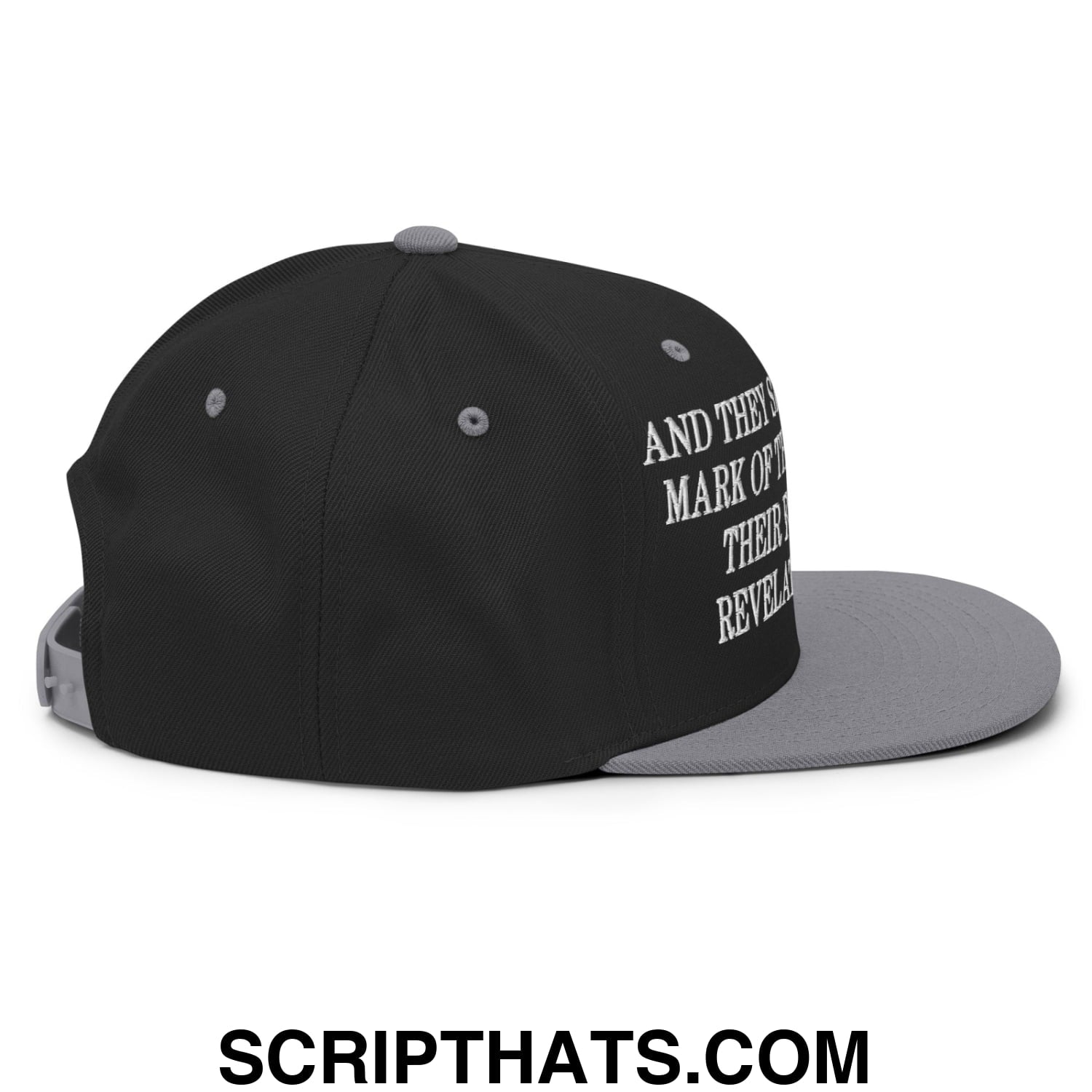 Mark of the Beast Revelation 13:16–17 Embroidered Flat Brim Bill Snapback Hat Black Silver
