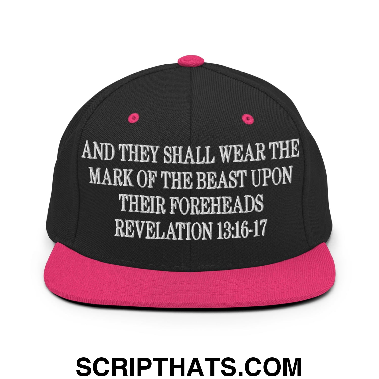 Mark of the Beast Revelation 13:16–17 Embroidered Flat Brim Bill Snapback Hat Black Neon Pink