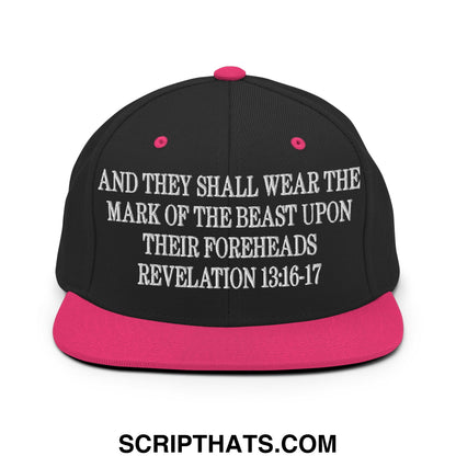 Mark of the Beast Revelation 13:16–17 Embroidered Flat Brim Bill Snapback Hat Black Neon Pink