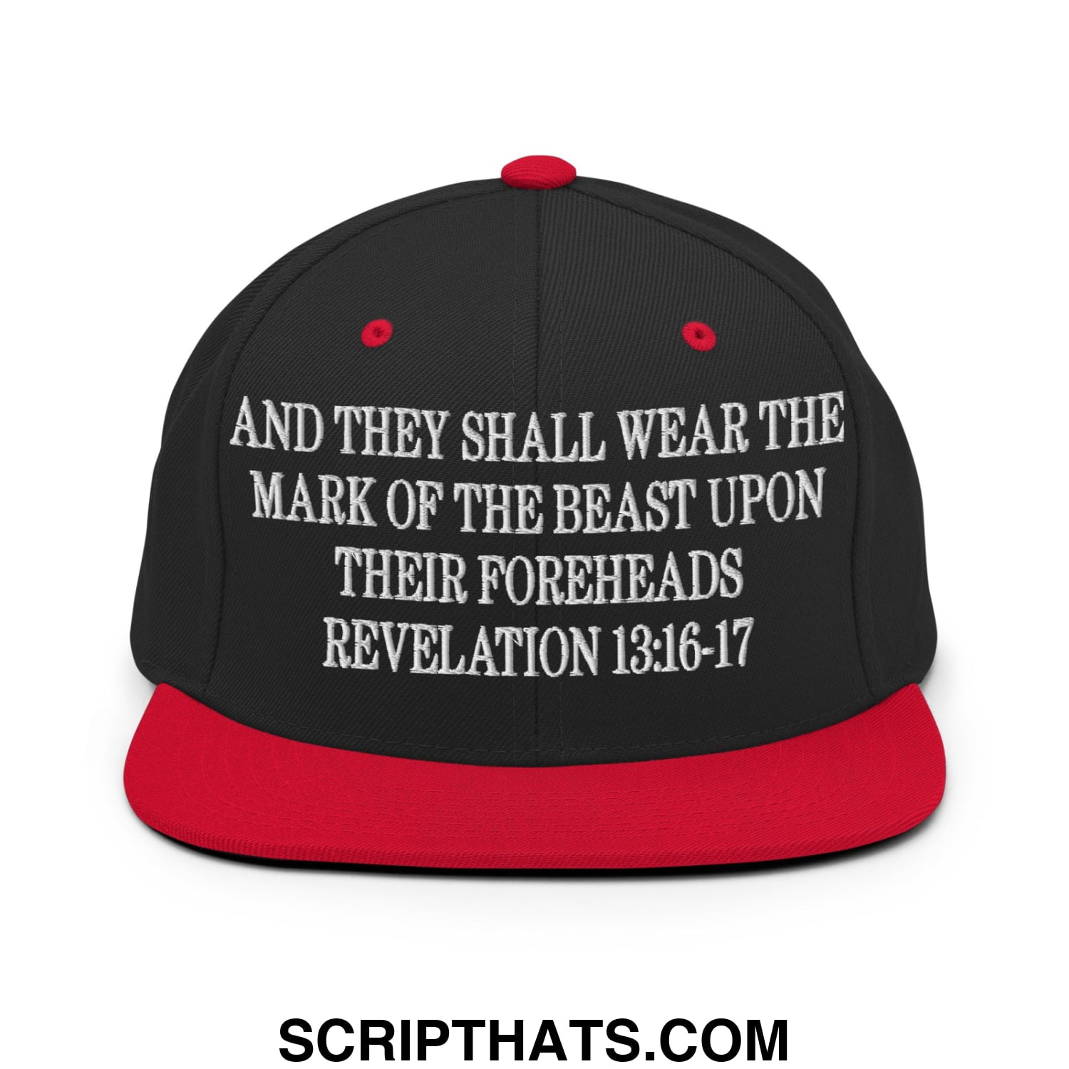 Mark of the Beast Revelation 13:16–17 Embroidered Flat Brim Bill Snapback Hat Black Red