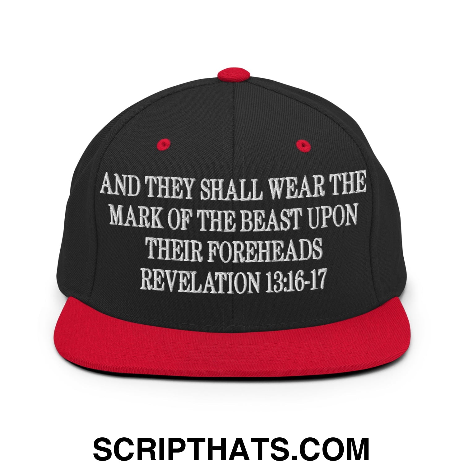 Mark of the Beast Revelation 13:16–17 Embroidered Flat Brim Bill Snapback Hat Black Red