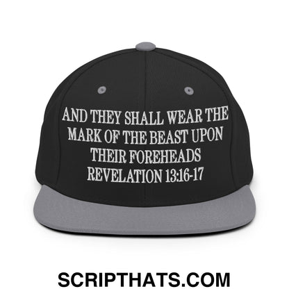 Mark of the Beast Revelation 13:16–17 Embroidered Flat Brim Bill Snapback Hat Black Silver