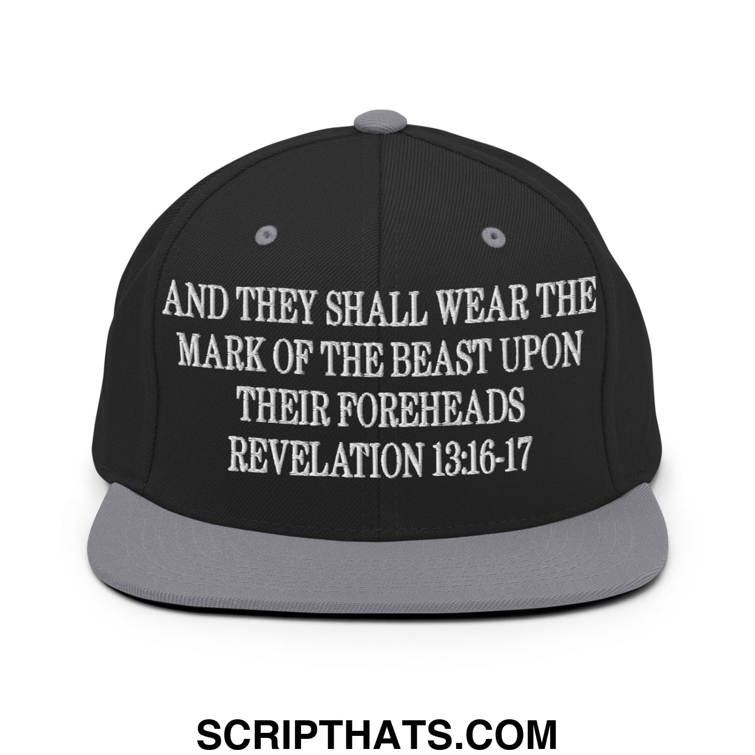 Mark of the Beast Revelation 13:16–17 Embroidered Flat Brim Bill Snapback Hat Black Silver