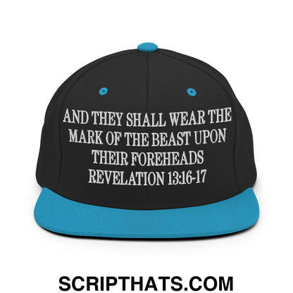 Mark of the Beast Revelation 13:16–17 Embroidered Flat Brim Bill Snapback Hat Black Teal