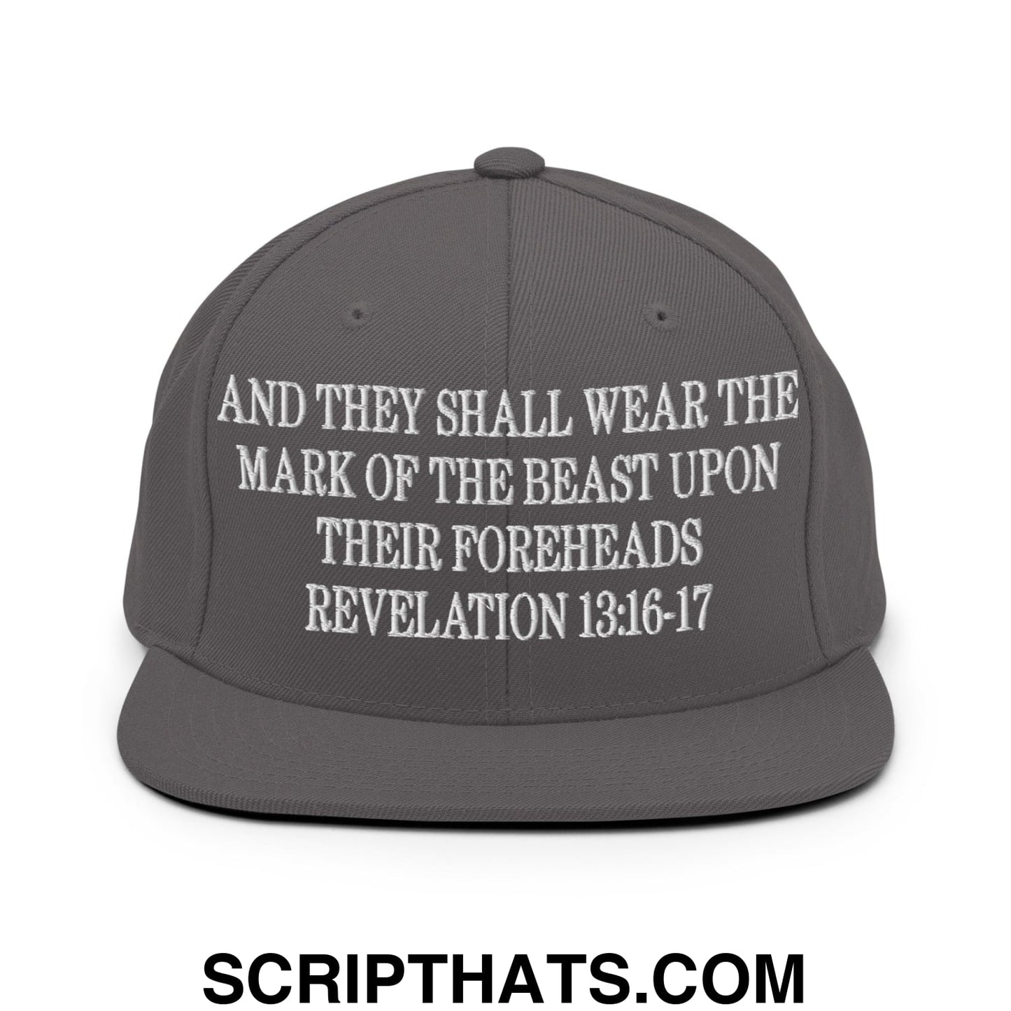 Mark of the Beast Revelation 13:16–17 Embroidered Flat Brim Bill Snapback Hat Dark Grey