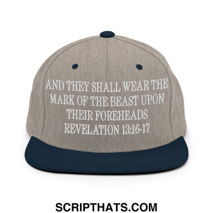 Mark of the Beast Revelation 13:16–17 Embroidered Flat Brim Bill Snapback Hat Heather Grey Navy