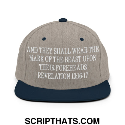 Mark of the Beast Revelation 13:16–17 Embroidered Flat Brim Bill Snapback Hat Heather Grey Navy