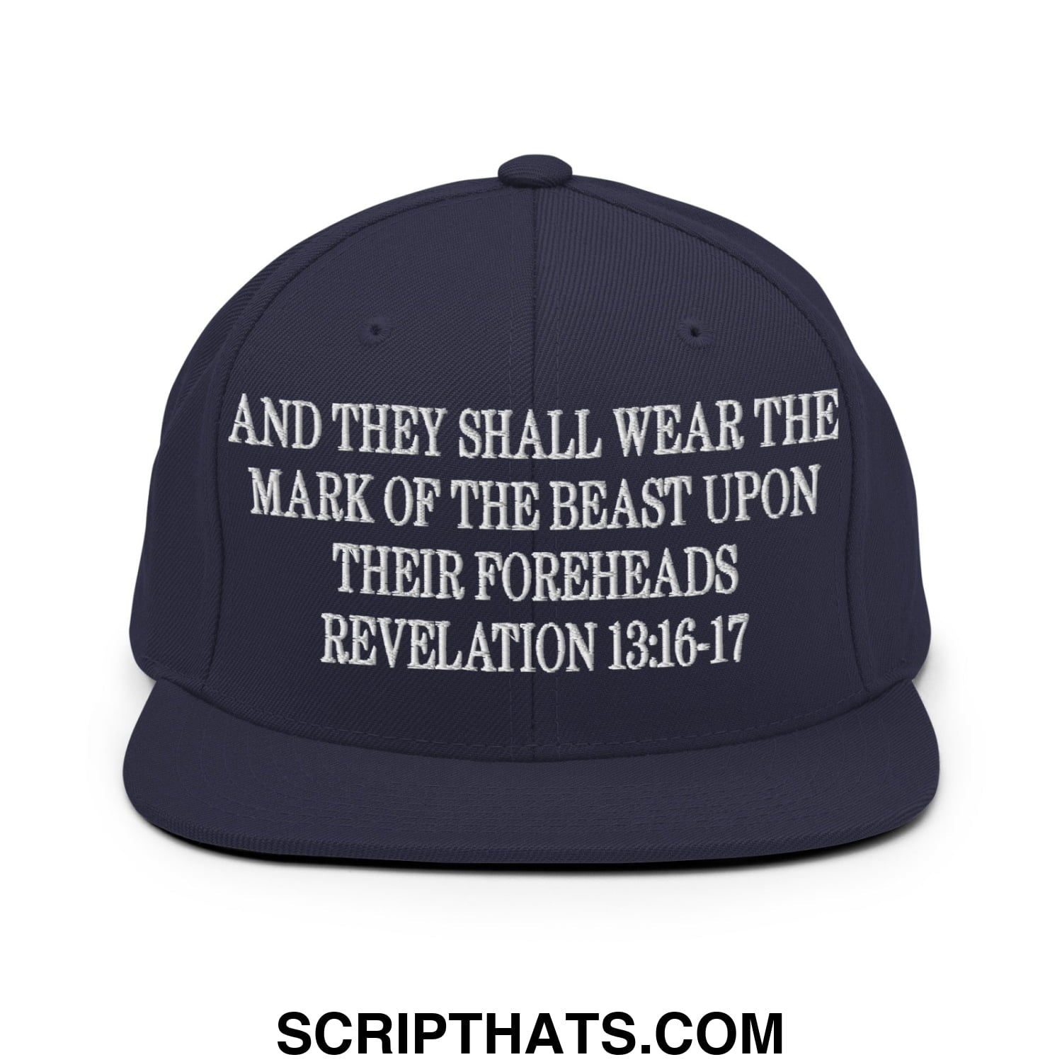 Mark of the Beast Revelation 13:16–17 Embroidered Flat Brim Bill Snapback Hat Navy