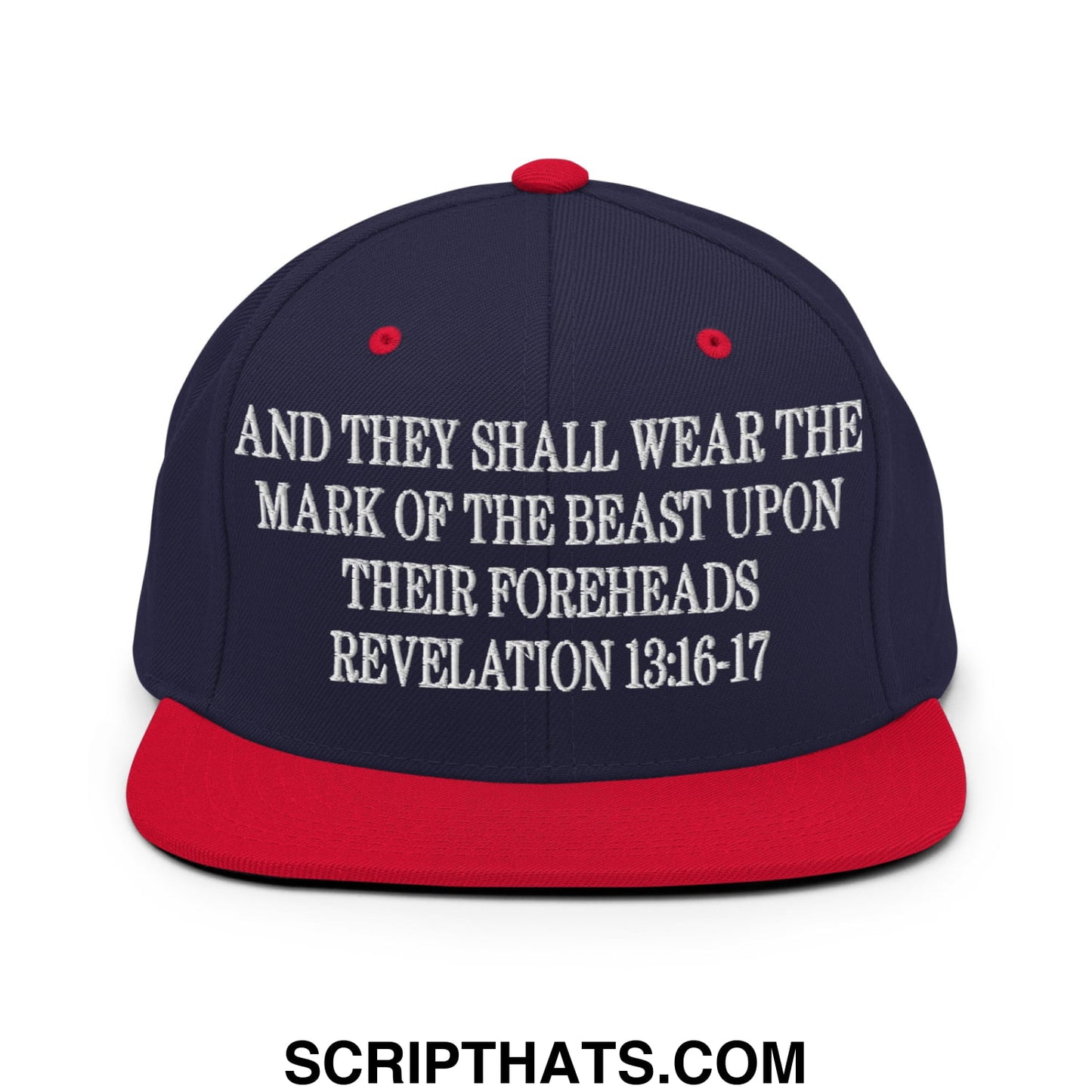 Mark of the Beast Revelation 13:16–17 Embroidered Flat Brim Bill Snapback Hat Navy Red
