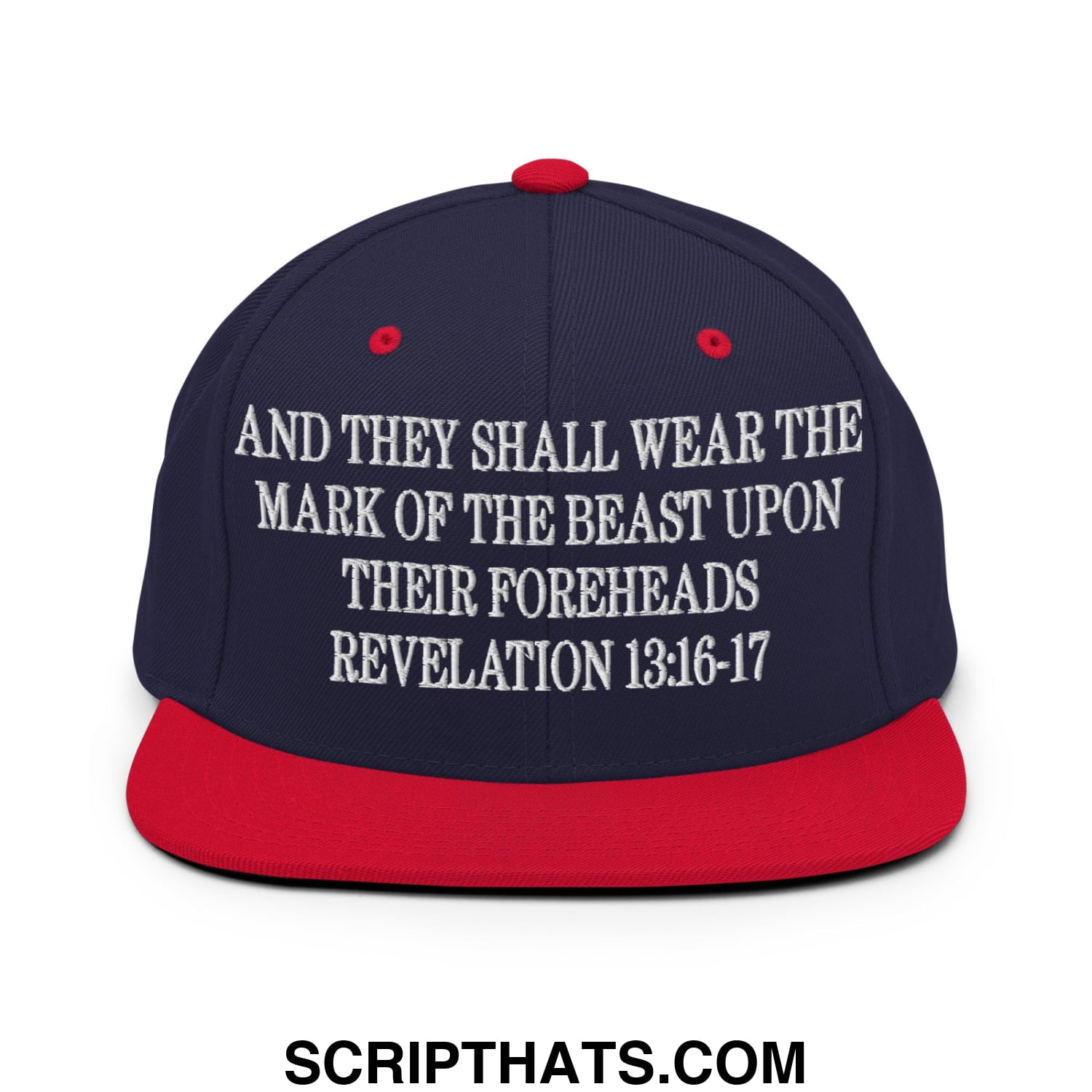 Mark of the Beast Revelation 13:16–17 Embroidered Flat Brim Bill Snapback Hat Navy Red