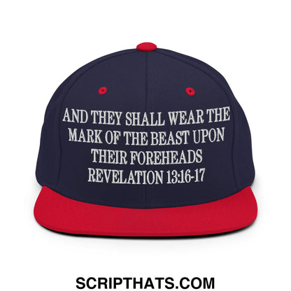 Mark of the Beast Revelation 13:16–17 Embroidered Flat Brim Bill Snapback Hat Navy Red