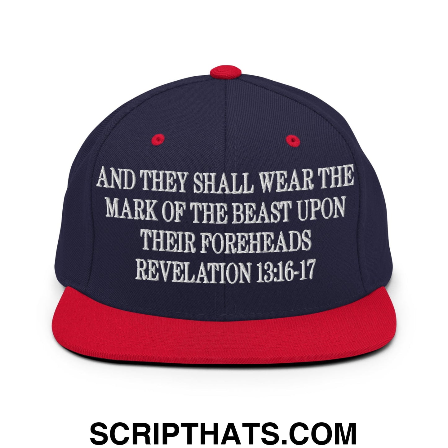 Mark of the Beast Revelation 13:16–17 Embroidered Flat Brim Bill Snapback Hat Navy Red