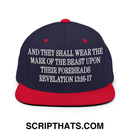 Mark of the Beast Revelation 13:16–17 Embroidered Flat Brim Bill Snapback Hat Navy Red