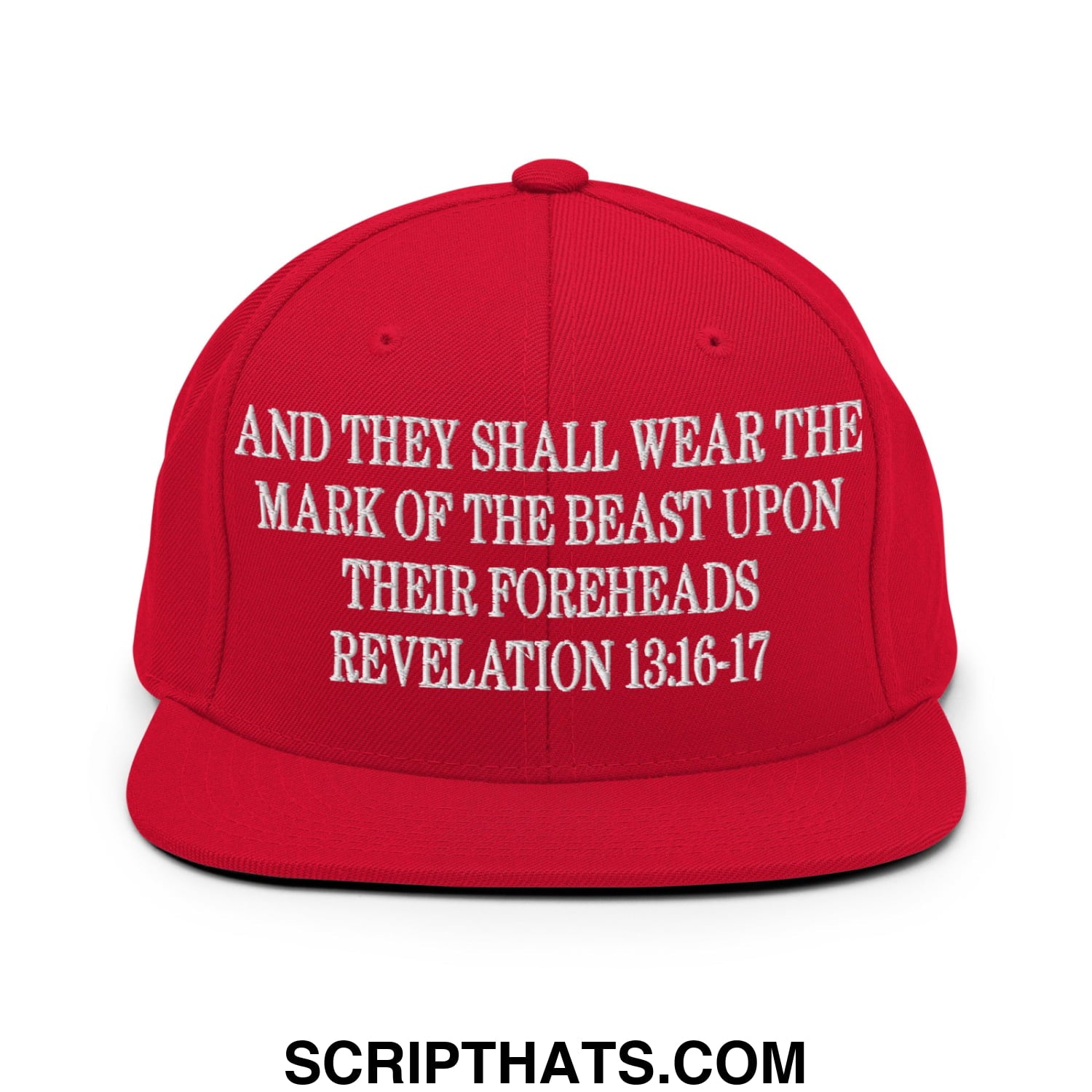 Mark of the Beast Revelation 13:16–17 Embroidered Flat Brim Bill Snapback Hat Red