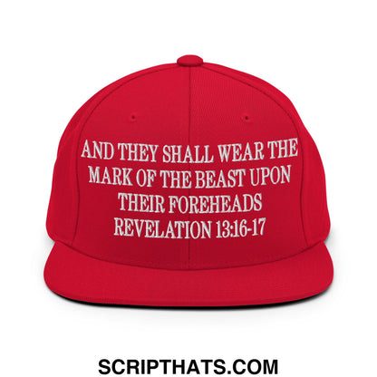 Mark of the Beast Revelation 13:16–17 Embroidered Flat Brim Bill Snapback Hat Red