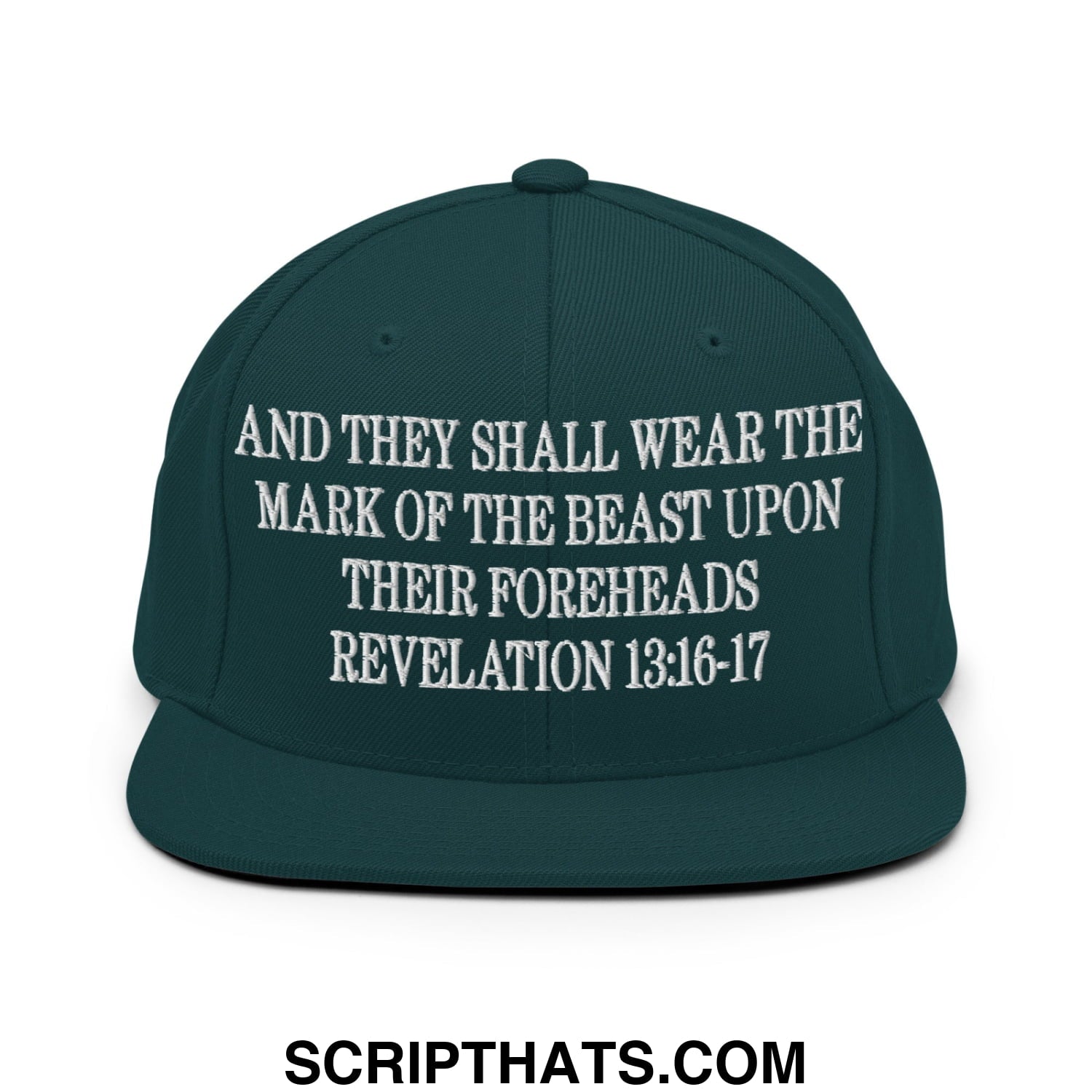 Mark of the Beast Revelation 13:16–17 Embroidered Flat Brim Bill Snapback Hat Spruce