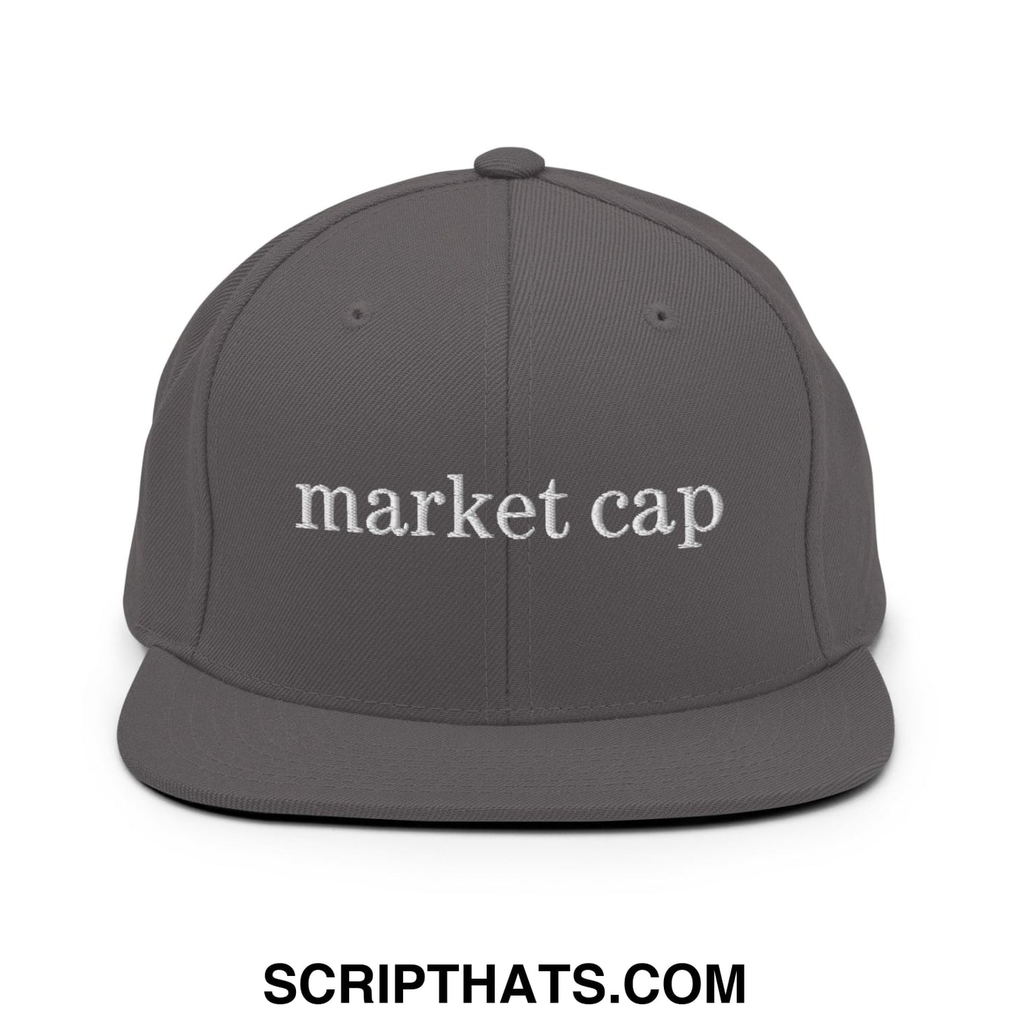 Gray flat bill brim snapback hat with white embroidered market cap text for stock market enthusiasts