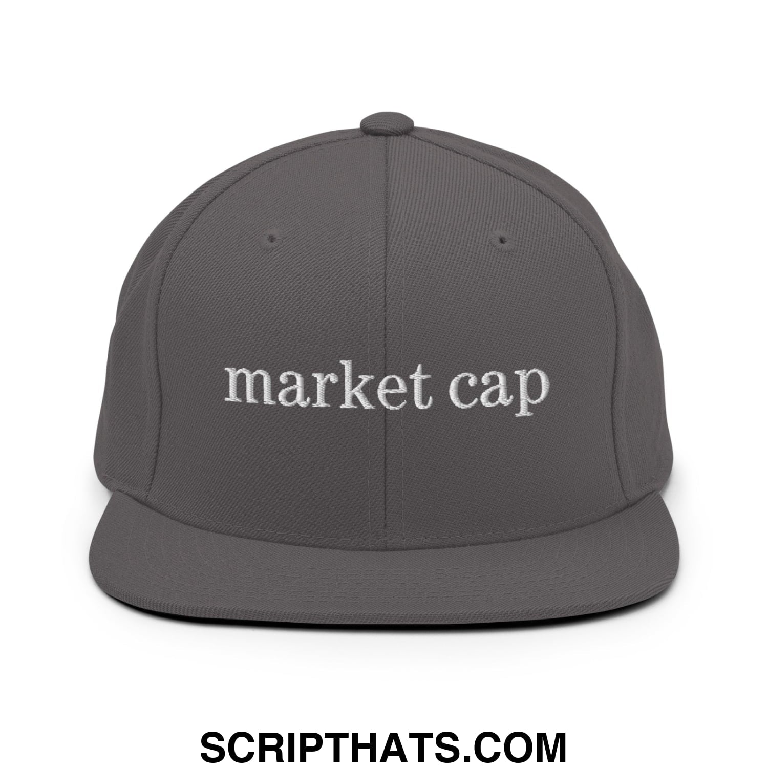 Gray flat bill brim snapback hat with white embroidered market cap text for stock market enthusiasts