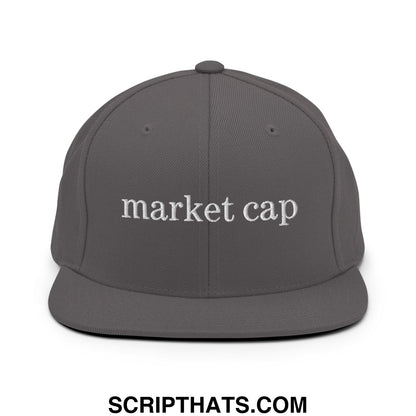 Gray flat bill brim snapback hat with white embroidered market cap text for stock market enthusiasts