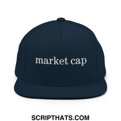 Navy blue snapback hat with white embroidered market cap text and flat bill brim for stock market fans