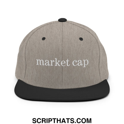 Gray and black snapback cap with market cap embroidered in white thread on flat bill brim for stock market fans