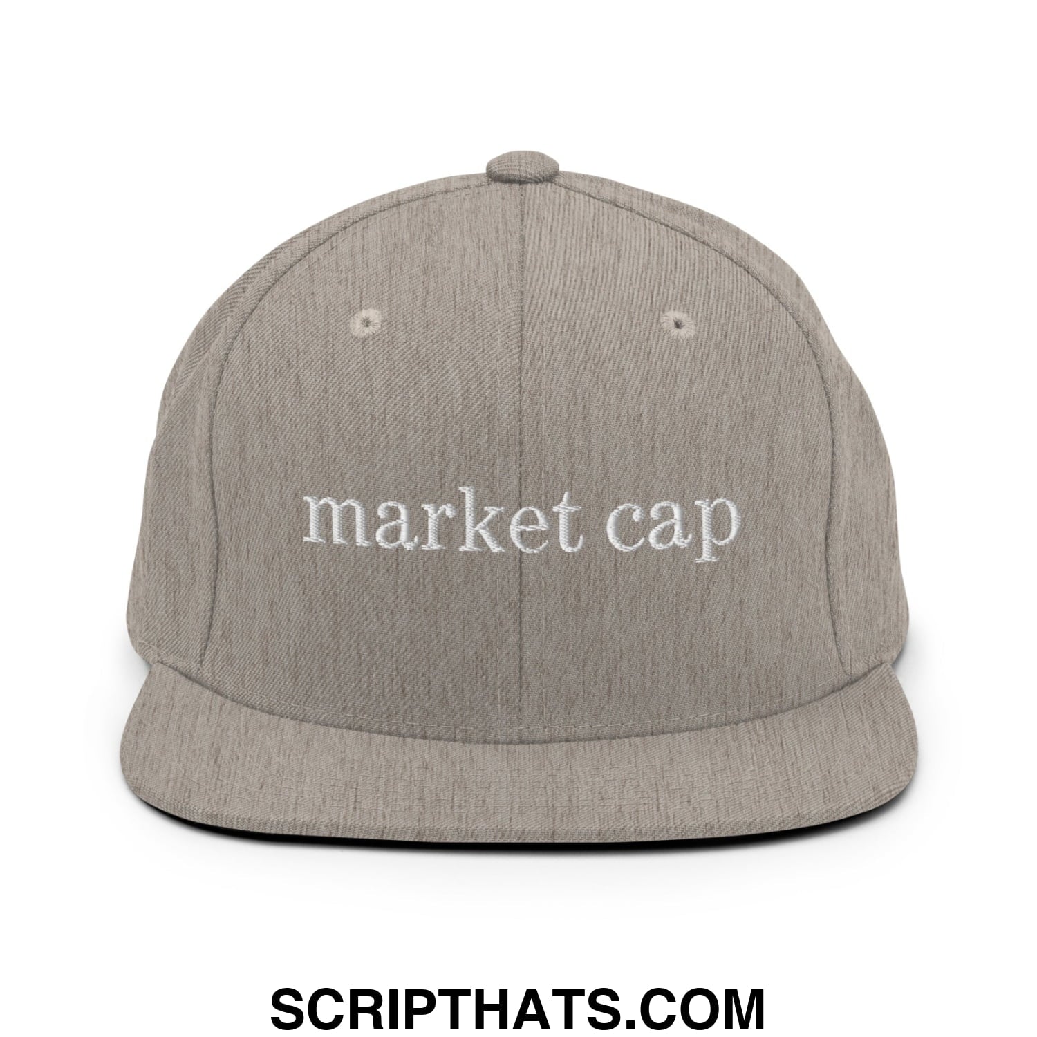 A heather gray snapback cap with white embroidered market cap text and flat bill brim for stock market enthusiasts