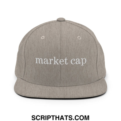 A heather gray snapback cap with white embroidered market cap text and flat bill brim for stock market enthusiasts