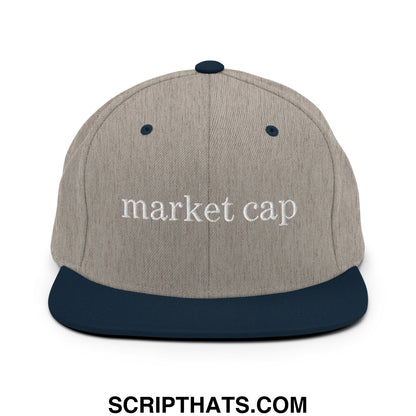Beige and navy blue snapback cap with market cap embroidered in white for stock market enthusiasts