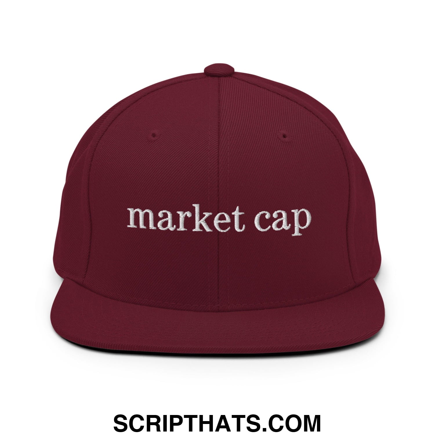 Maroon flat bill brim snapback hat with white embroidered market cap text for stock market enthusiasts