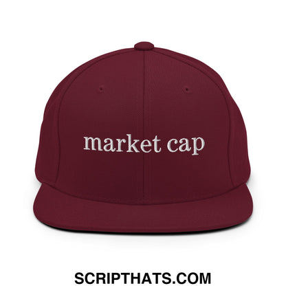 Maroon flat bill brim snapback hat with white embroidered market cap text for stock market enthusiasts