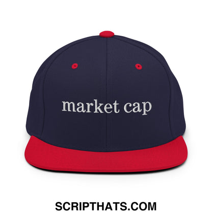 Navy blue snapback hat with red brim and white embroidered market cap text perfect for stock market fans