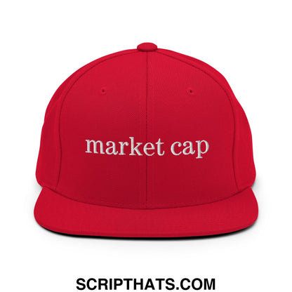 Red snapback hat with white embroidered market cap text and flat bill brim for stock market enthusiasts