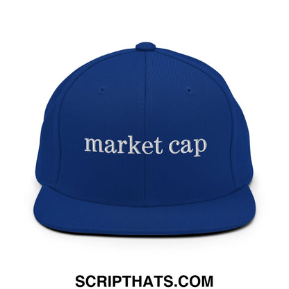 Royal blue snapback hat with white embroidered market cap text and flat bill brim for stock market enthusiasts