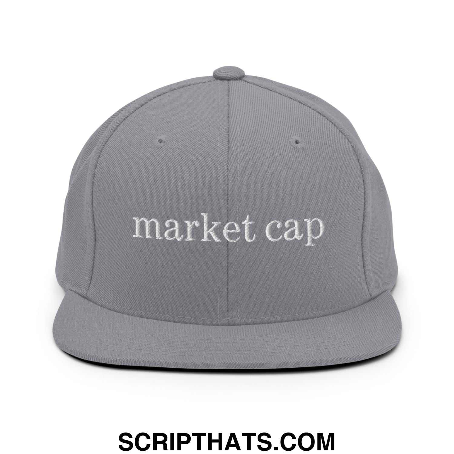 Gray snapback hat with white embroidered market cap text and flat bill brim for stock market style