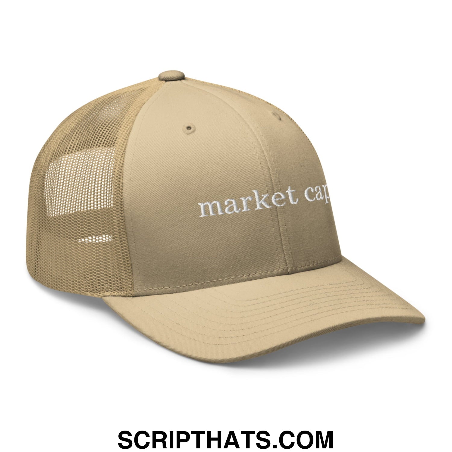 Beige mesh trucker hat with white embroidered market cap text on the front panel for stock market fans