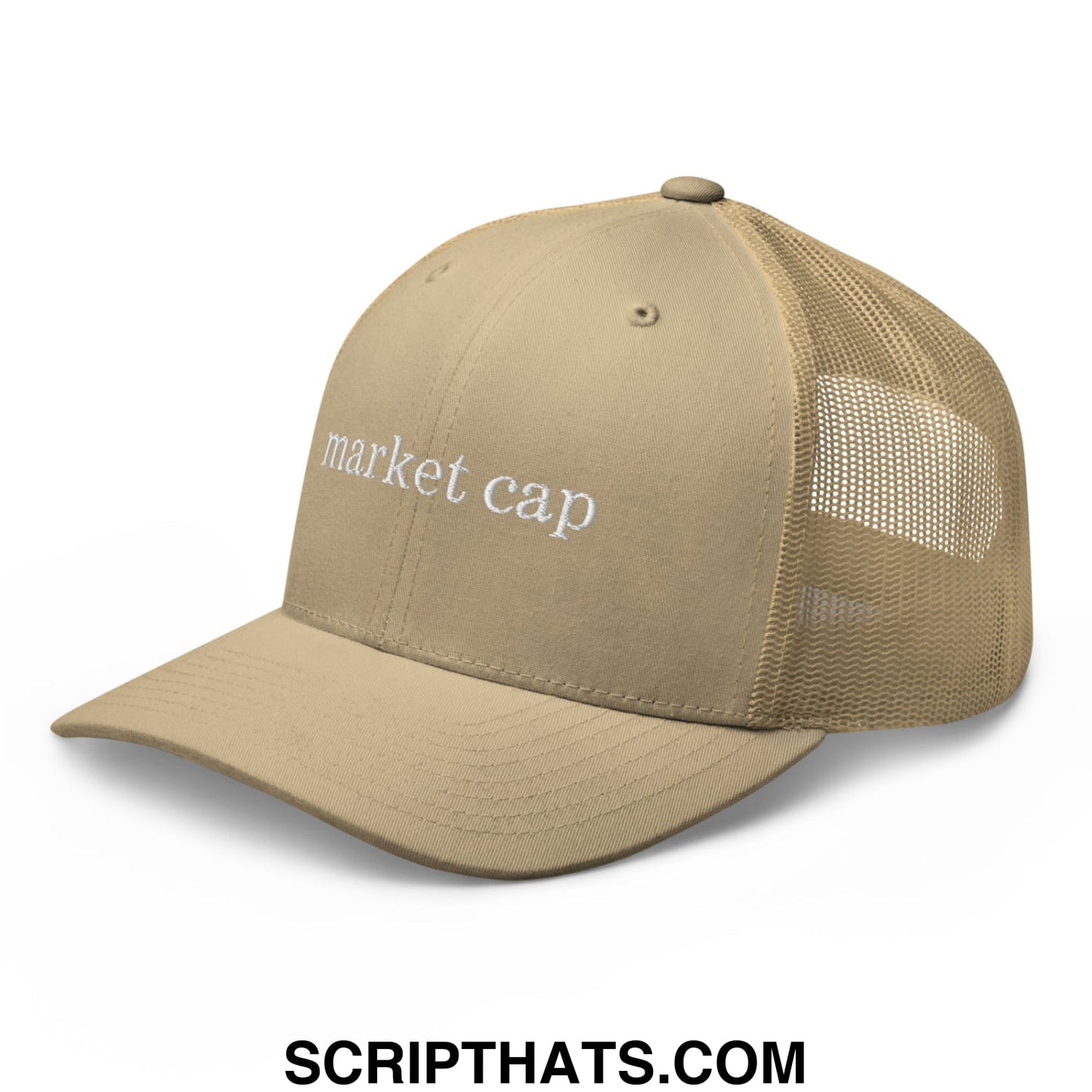 Tan mesh trucker hat with white embroidered market cap text on the front panel for stock market enthusiasts